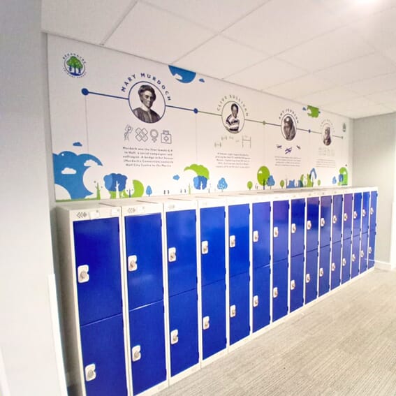 An image of the Broadacre wall graphics around the lockers.